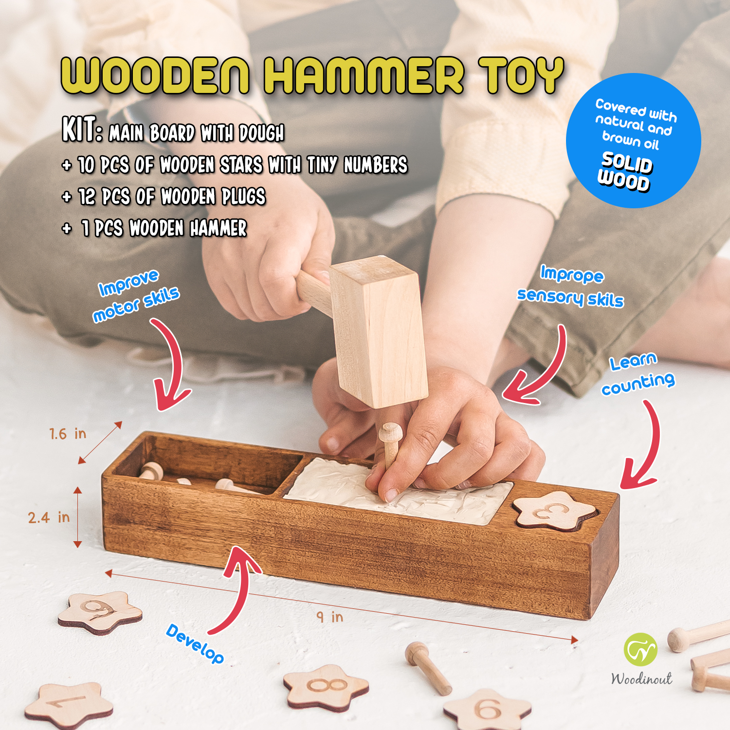 Wooden Hammer Toy With Dough Numbers, 6 Letters Wooden Hammer